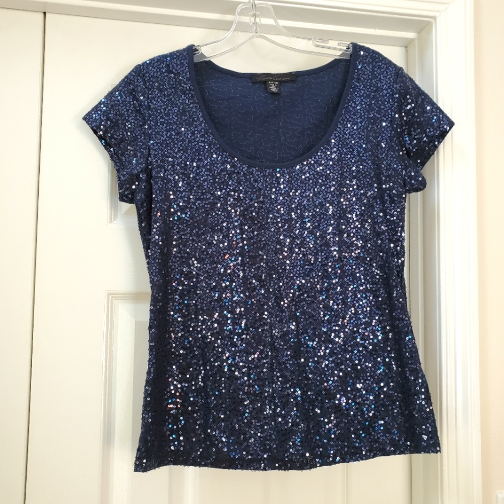 Kenneth Cole Navy Blue Sequin Top